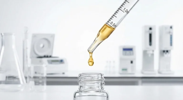 Close-up of a calibrated glass pipette dispensing serum with precision measurement markings.