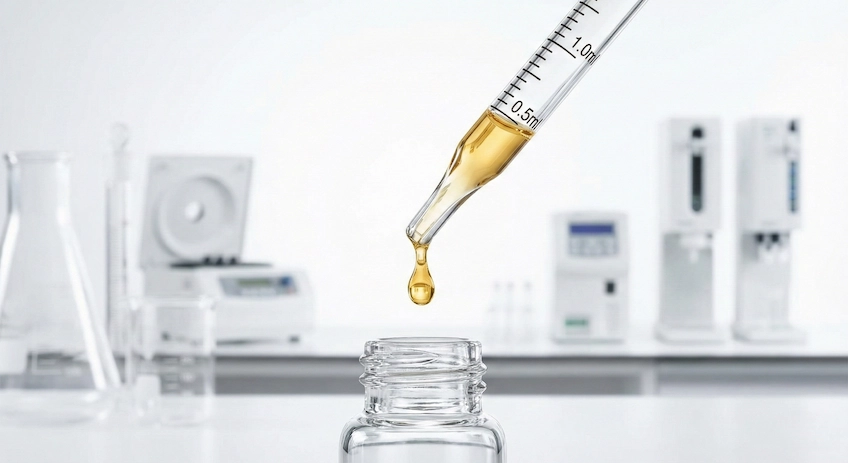 Close-up of a calibrated glass pipette dispensing serum with precision measurement markings.