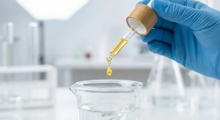 A scientist dispensing a precise drop of serum from a bamboo dropper bottle in a lab.