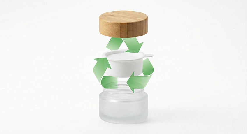 Exploded view of a bamboo cosmetic jar showing separable components for proper recycling.