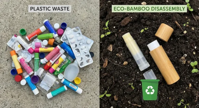 Visual guide comparing non-recyclable plastic waste with separable, recyclable bamboo lip balm packaging.