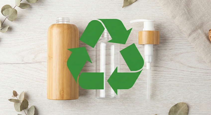 Flat lay showing the disassembled parts of a bamboo lotion bottle (pump, inner bottle, bamboo shell) ready for recycling.