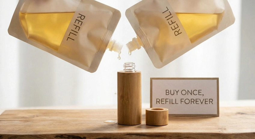 The Refill Ritual: Pouch + Vessel System Refill ritual concept showing a refill pouch filling a bamboo perfume bottle