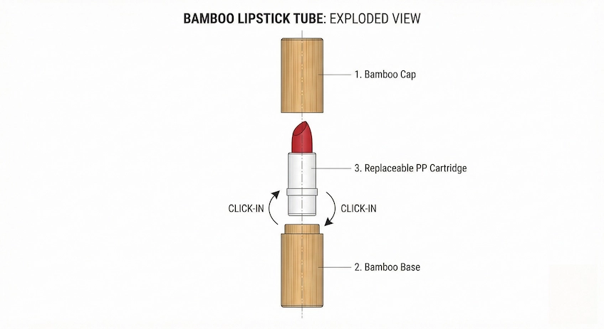 Exploded view of refillable bamboo lipstick tube structure
