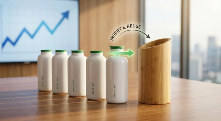 Visual representation of the refillable packaging business model, showing multiple refill cartridges for one durable bamboo outer shell.