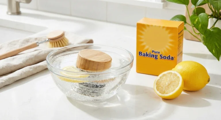 Natural cleaning ingredients (vinegar, baking soda, lemon) arranged next to a bamboo water bottle lid.