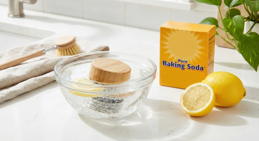 Natural cleaning ingredients (vinegar, baking soda, lemon) arranged next to a bamboo water bottle lid.