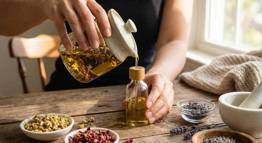 A collection of empty glass dropper bottles being reused for DIY herbal serums and plant propagation