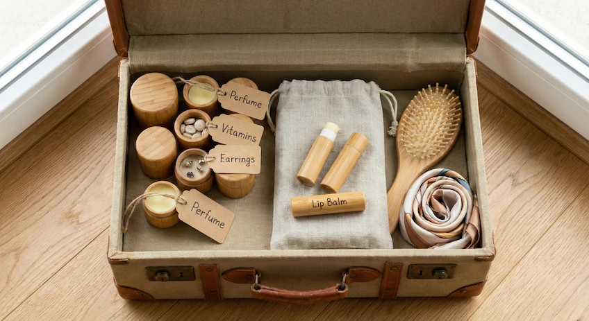 Flat lay showing multiple ways to repurpose empty bamboo lip balm containers for travel and storage
