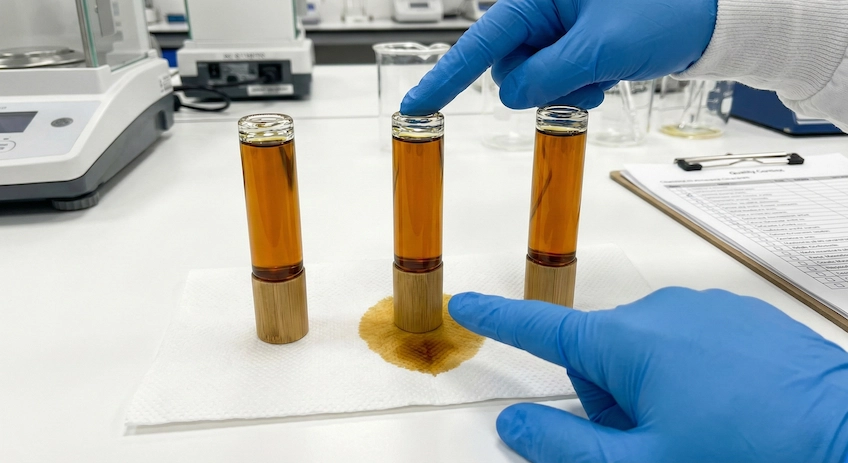 Quality control demonstration showing bamboo roller bottles placed upside down on paper towels to test for oil leakage, with one bottle showing a failure
