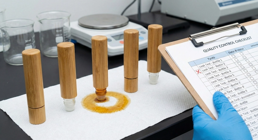 A QC lab scene showing bamboo roller bottles standing upside down on a white paper towel to test for leaks