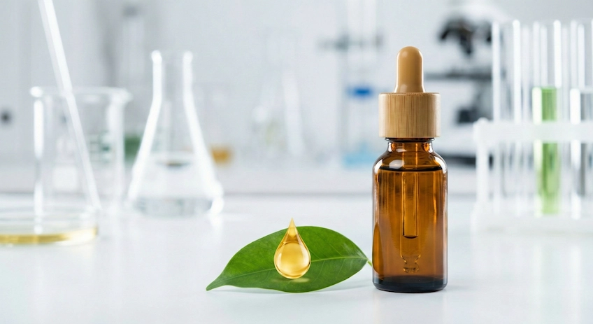 Amber glass bamboo dropper bottle next to essential oil, demonstrating safe storage and purity.