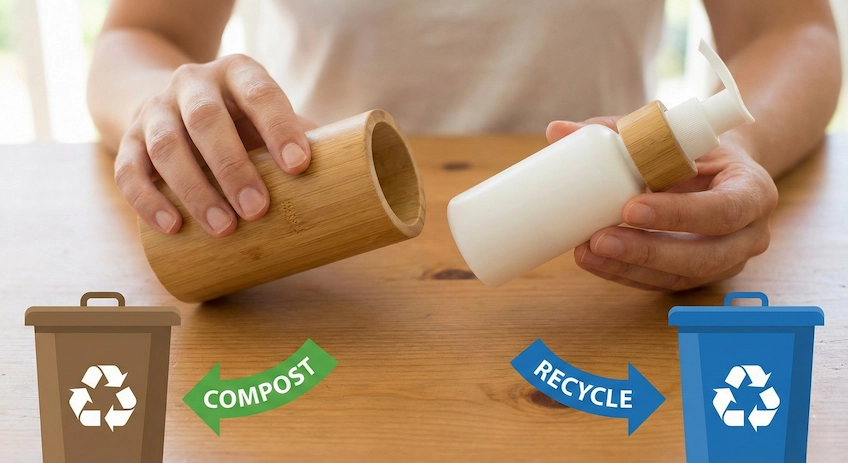 Recycling diagram showing how to separate the plastic inner from the bamboo outer shell