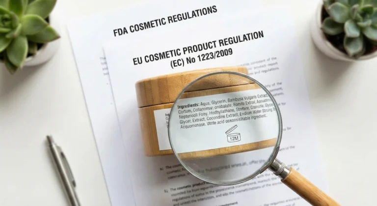 Bamboo skincare jar displayed with FDA and EU regulatory documents, highlighting ingredient lists and PAO symbols for compliance.