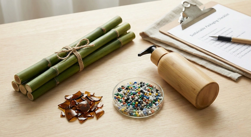 Flat lay showing raw materials like bamboo, glass, and PCR plastic alongside a finished skincare bottle, illustrating the material selection process.