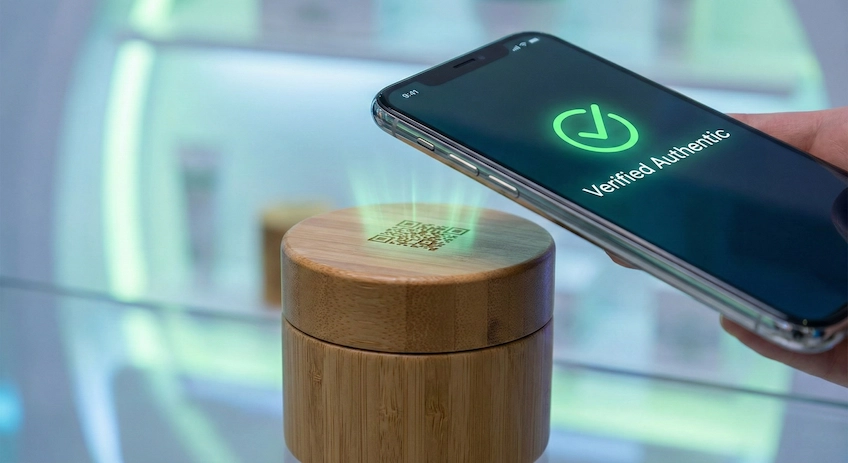 Smartphone scanning a laser-engraved QR code on a bamboo cosmetic jar to verify authenticity and access digital content.