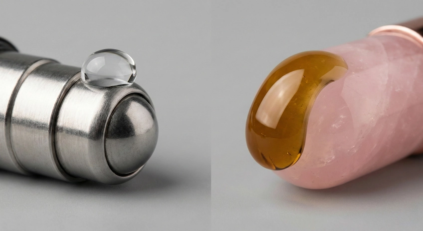 Extreme close-up of two roller ball fitments: metallic silver stainless steel vs smooth purple amethyst gemstone