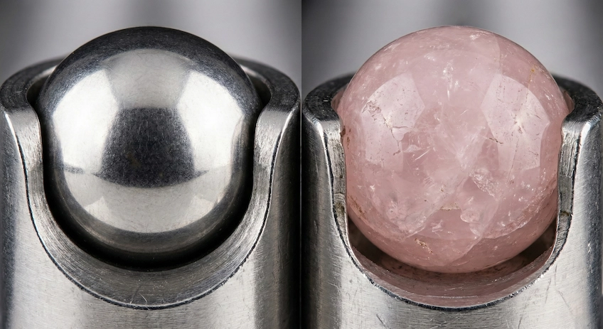 Close up of stainless steel vs gemstone roller balls
