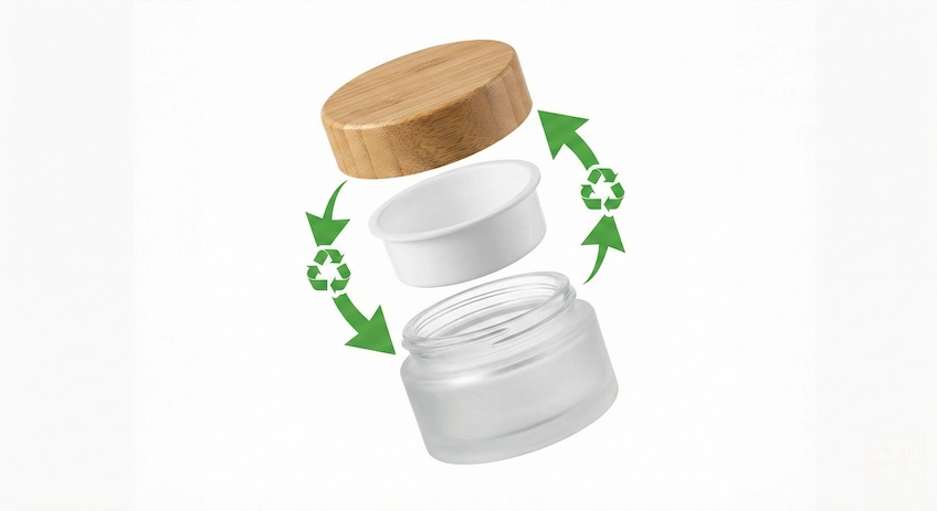 Exploded view of a bamboo cosmetic jar showing separable components for proper recycling.