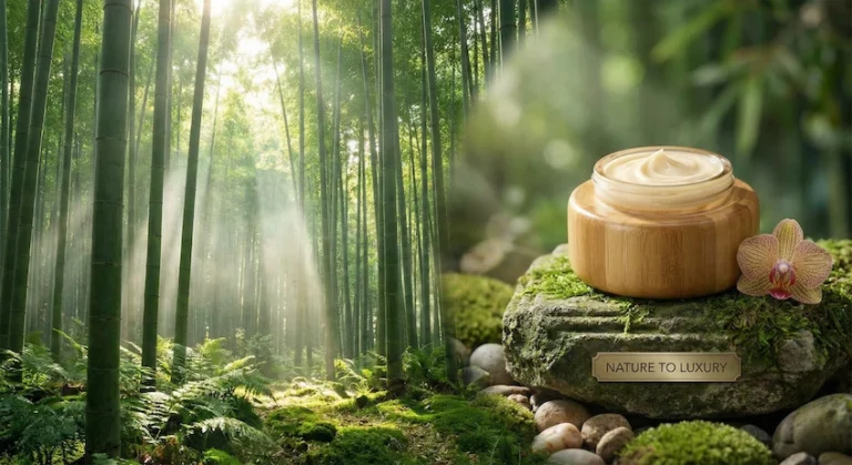 A visual representation of bamboo cosmetic packaging sustainability, transitioning from raw forest to finished luxury product.