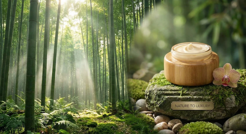 A visual representation of bamboo cosmetic packaging sustainability, transitioning from raw forest to finished luxury product.