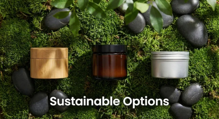 Display of eco-friendly cosmetic jar options including bamboo, glass, and aluminum on a natural background.