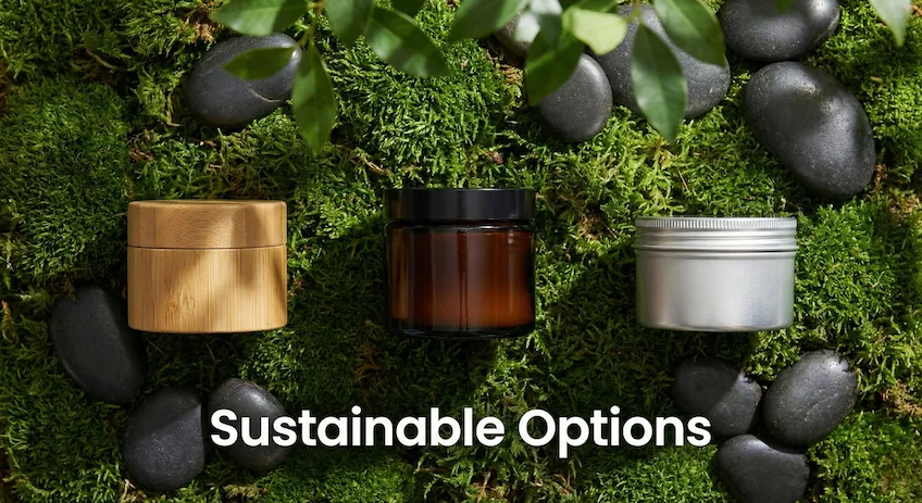 Display of eco-friendly cosmetic jar options including bamboo, glass, and aluminum on a natural background.