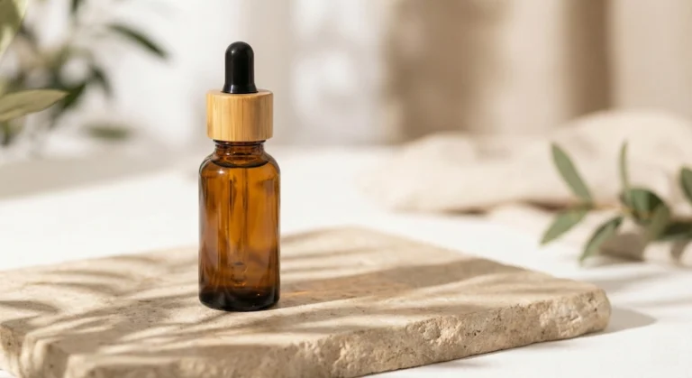 Premium amber glass dropper bottle with eco-friendly bamboo collar on a stone podium.