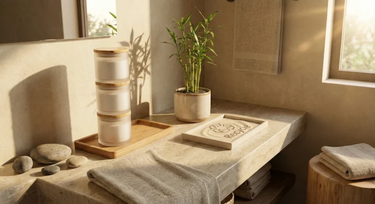 Stack of frosted glass cosmetic jars with bamboo lids in a natural setting, symbolizing eco-friendly and sustainable packaging.