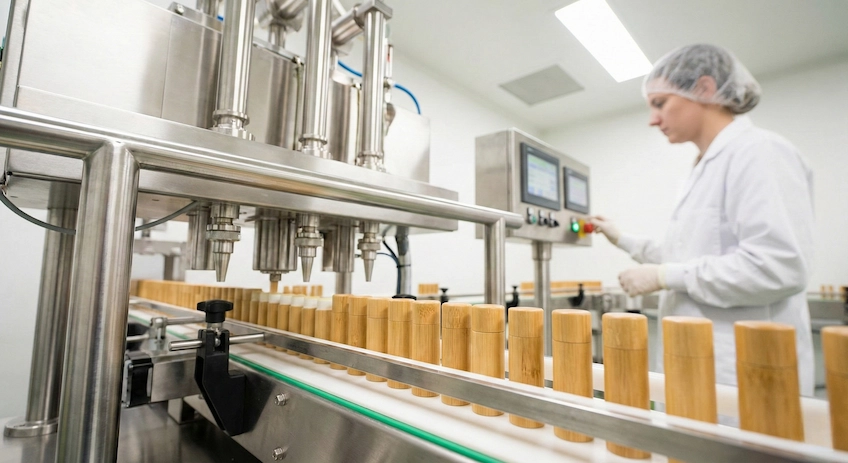GMP compliant manufacturing line filling bamboo lip balm tubes.