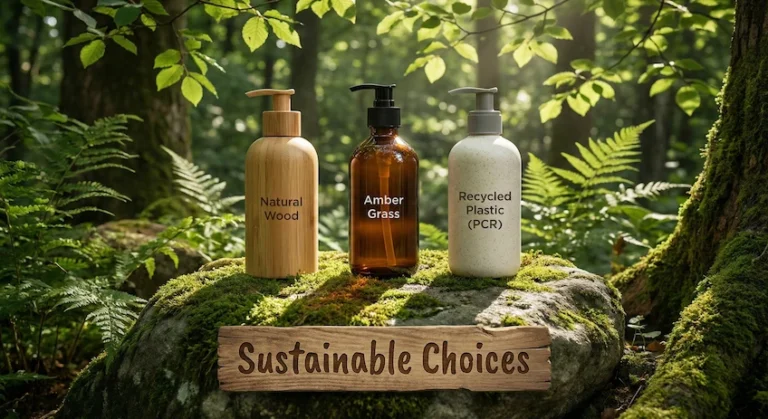 Comparison of three eco-friendly lotion bottle materials: Bamboo, Glass, and PCR Plastic, displayed in a natural setting.