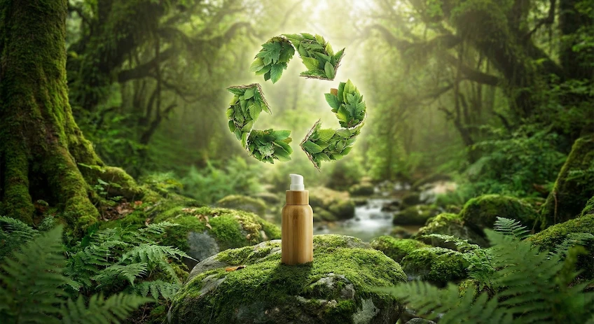 Refillable bamboo airless bottle in a nature setting, symbolizing the fusion of luxury skincare packaging and environmental sustainability.