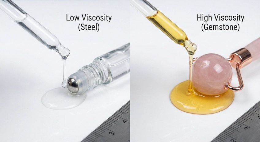 A side-by-side comparison showing thin essential oil dripping onto a stainless steel roller ball versus thick castor oil pooling on a gemstone roller ball