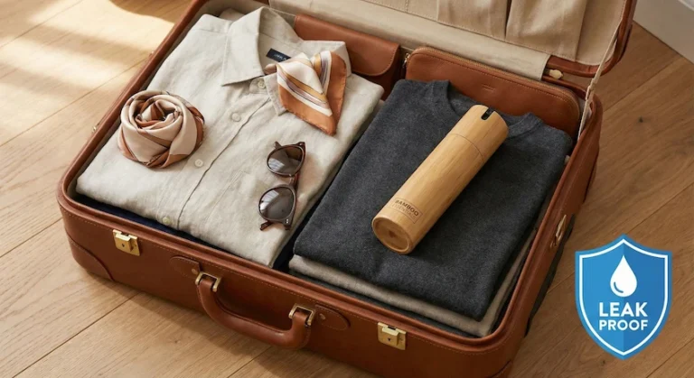 A bamboo lotion bottle packed in a travel suitcase, demonstrating leak-proof safety for travel.