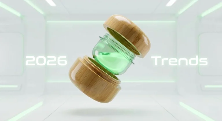 Concept art showing the future of sustainable bamboo packaging with refillable inner pod technology.