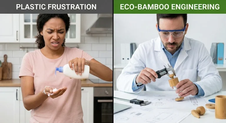 Comparison of a stuck lotion pump versus a quality-tested bamboo pump mechanism being inspected by an engineer.