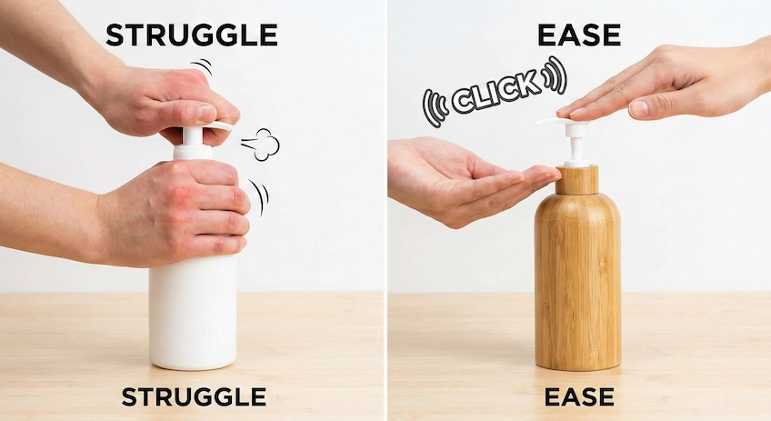 Visual guide comparing a difficult-to-open generic pump with an easy-open bamboo lotion pump.