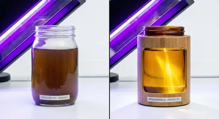 Comparison of oxidized formula in clear glass versus protected formula in amber bamboo packaging.