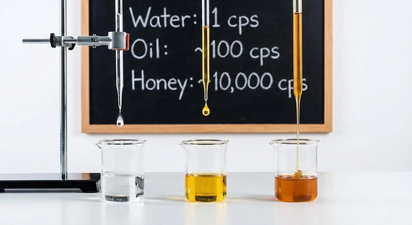 Visual comparison of three different liquid viscosities (water, oil, gel) being dispensed from glass droppers to illustrate flow differences.