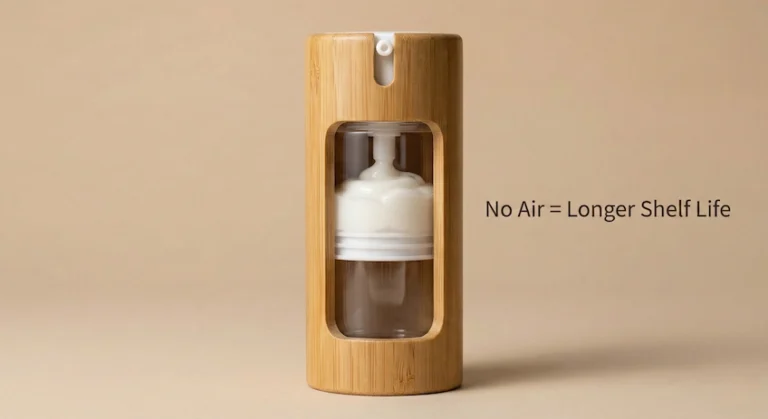 Cutaway view of a bamboo airless pump bottle showing the internal piston mechanism lifting the lotion.