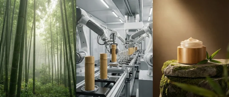 Conceptual image showing the transformation of raw bamboo into luxury cosmetic packaging.