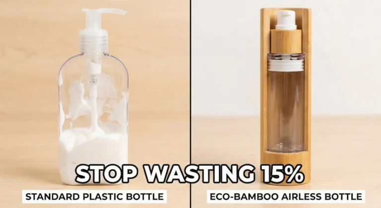 Visual comparison of lotion waste in standard pump bottles versus the complete evacuation of an airless pump system.