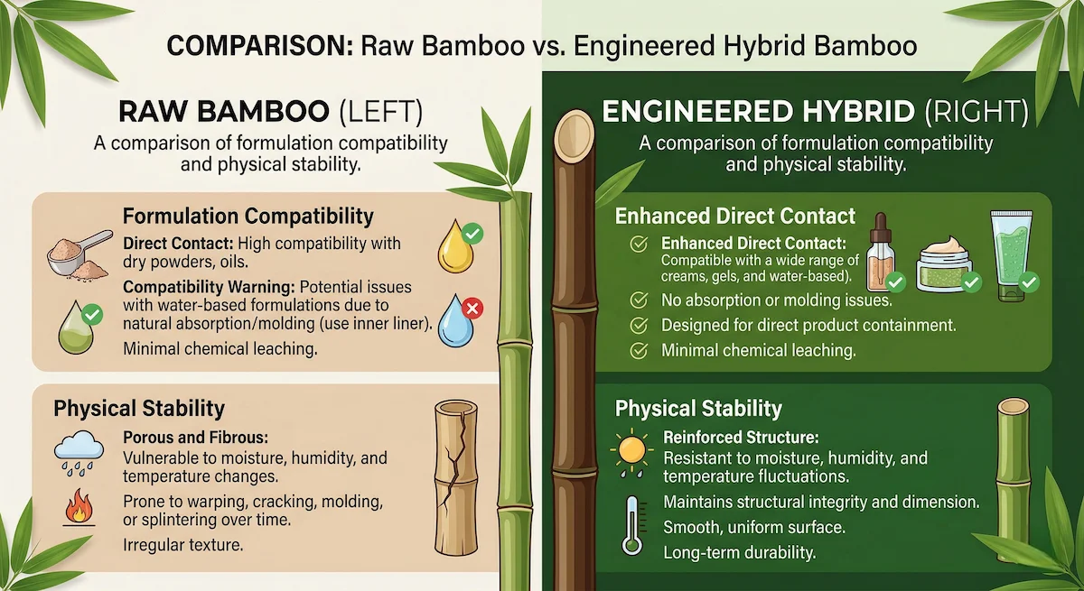 Side-by-side comparison of raw bamboo vs engineered hybrid cosmetic packaging failure and success for R&D audience