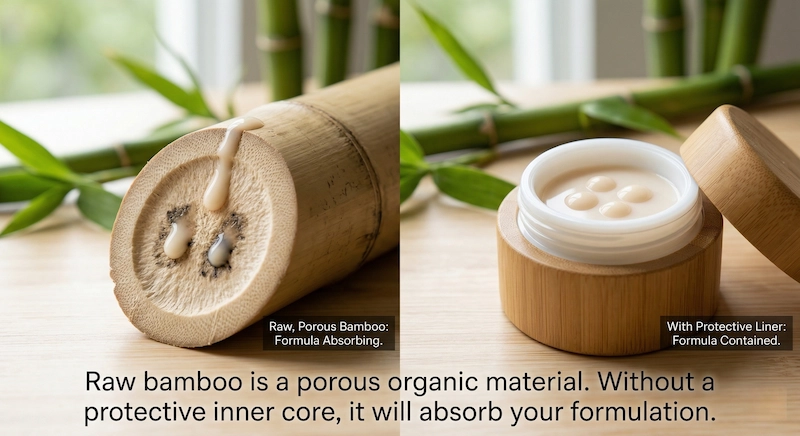 Raw bamboo is a porous organic material. Without a protective inner core, it will absorb your formulation. Risks of filling water-based lotion directly into raw bamboo cosmetic jars