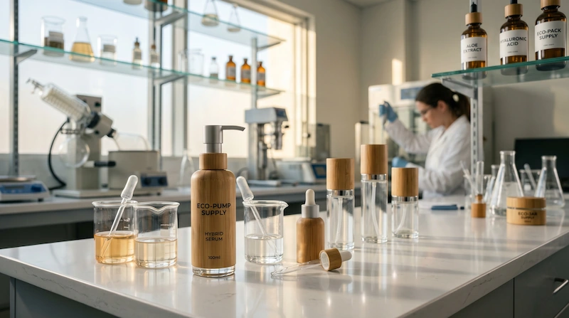 Modern cosmetic formulation laboratory with premium glass bottles and bamboo caps arranged alongside skincare serums.