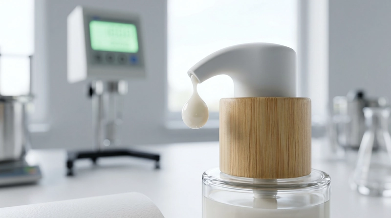 Macro photography of cosmetic laboratory testing the liquid drops from a bamboo pump.