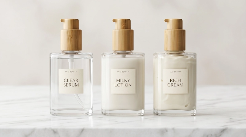 Three identical luxury flat-shoulder glass bottles with bamboo pumps containing different skincare formulas: serum, lotion, and cream.