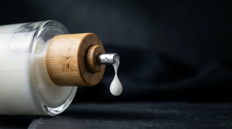 Close up of a premium glass skincare bottle with a natural bamboo pump dispensing thick white lotion during formulation viscosity testing.