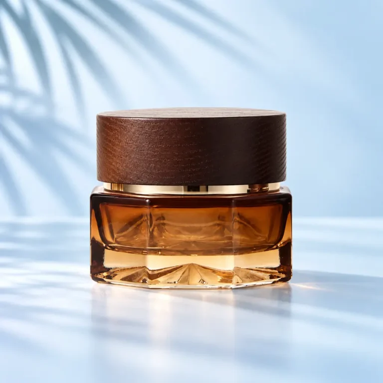 50g amber glass cream jar with dark wood lid and gold tone trim