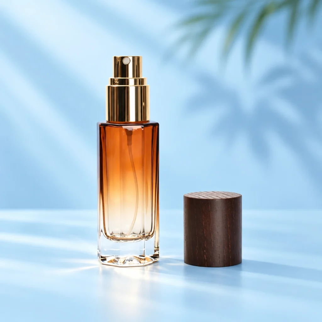 Amber Glass Spray Bottle – Dark Wood Cap Structure